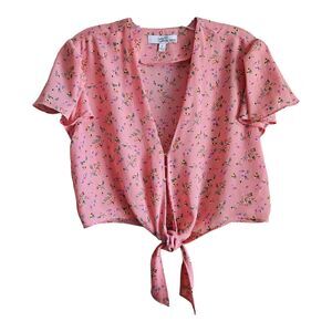 COLOR ME COURTNEY Women's 2 Ellie Top Cropped V-Neck Pink Floral Tie Front 36"